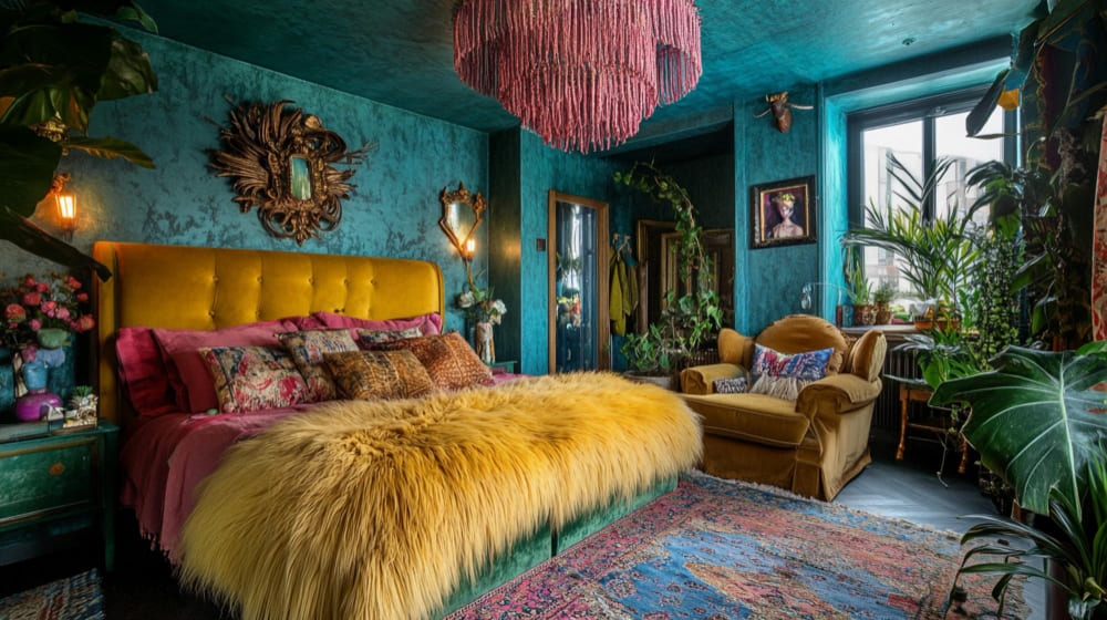 un lit recouvert d'un édredon en fausse fourrure jaune, avec les murs turquoise et un tapis avec des motifs au sol
