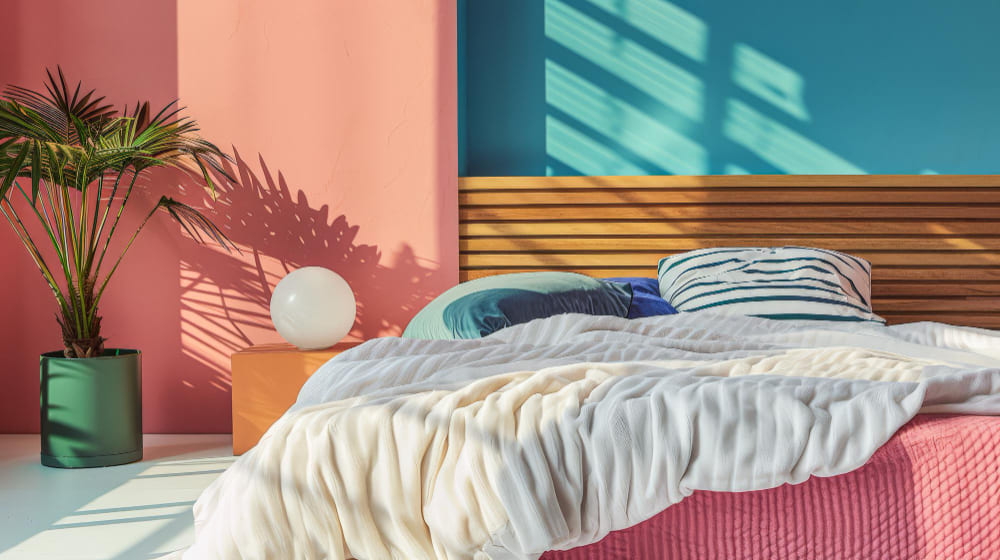 un lit deux places avec une tête de lit en bambou, avec un mur rose et un mur bleu