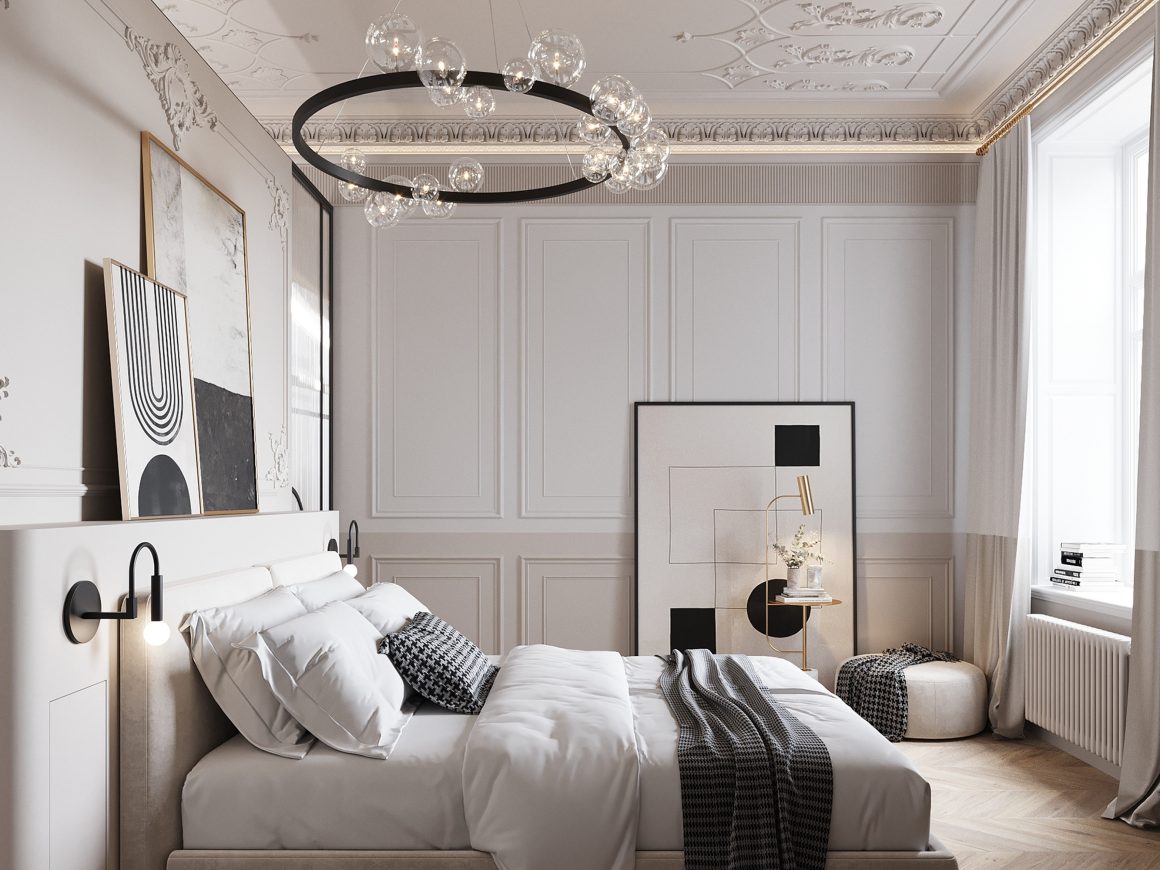 Chambre parentale luxueuse incluant des murs moulurés gris clair, œuvres abstraites, lampes murales et tapis neutre