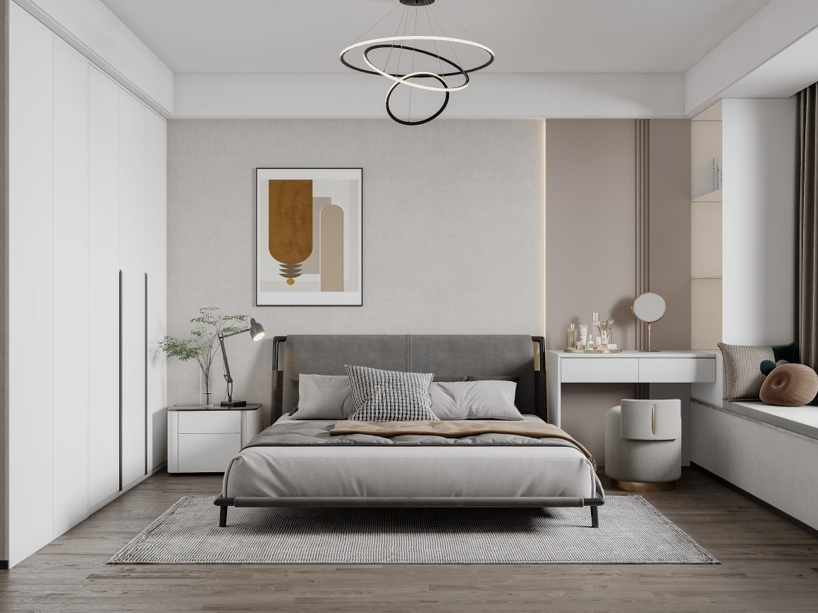 Grande chambre avec lit bas, garde-robe, éclairage sculptural, coiffeuse, cadre mural, plante et tapis