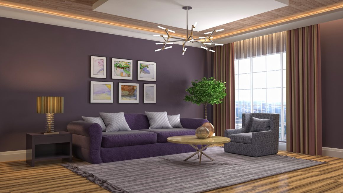 Salon incluant mur peint en violet avec cadres, canapé violet, fauteuil gris, table ronde en bois, lampes et tapis.