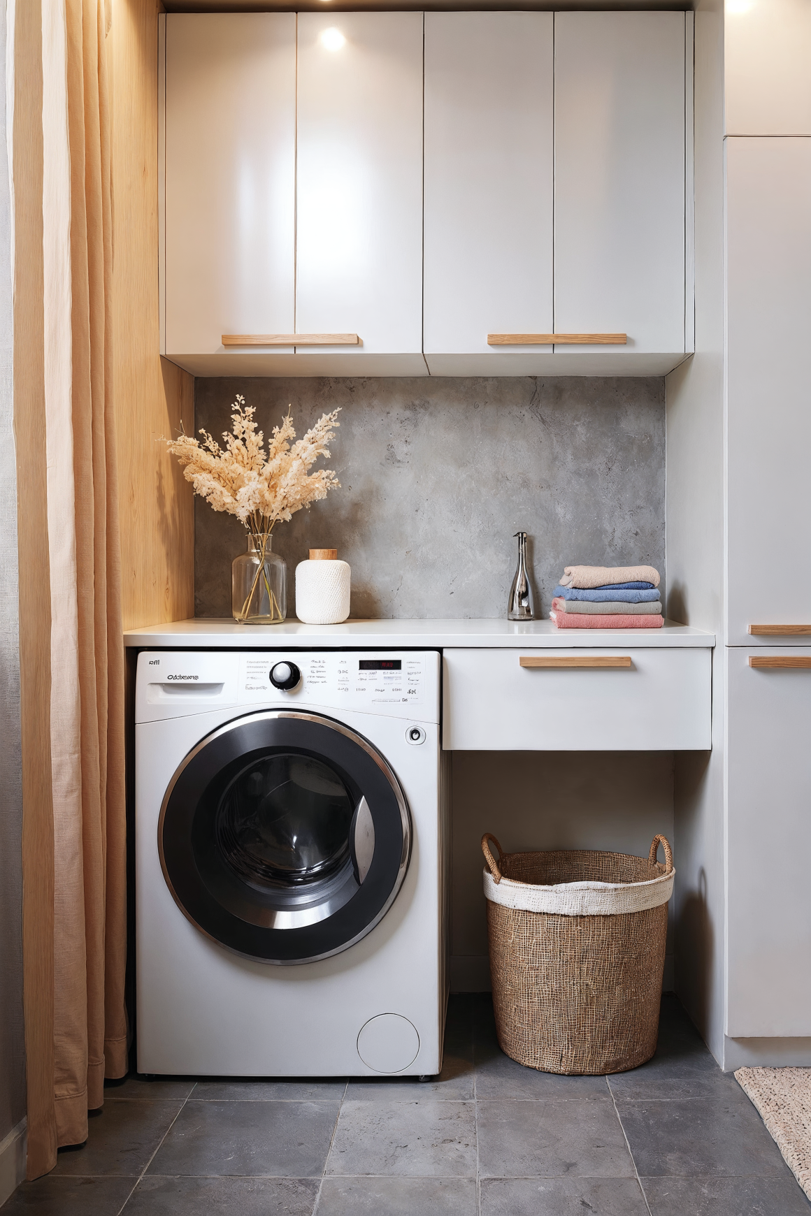 Buanderie minimaliste : lave-linge frontal, panière tressée, étagères blanches et serviettes empilées.