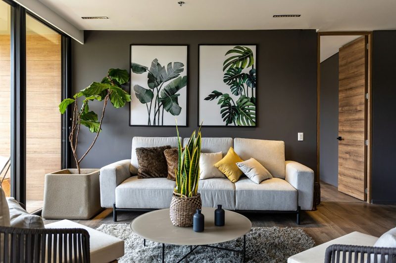 Salon moderne avec mur peint en foncé, canapé gris, plantes, tableaux botaniques et table basse ronde