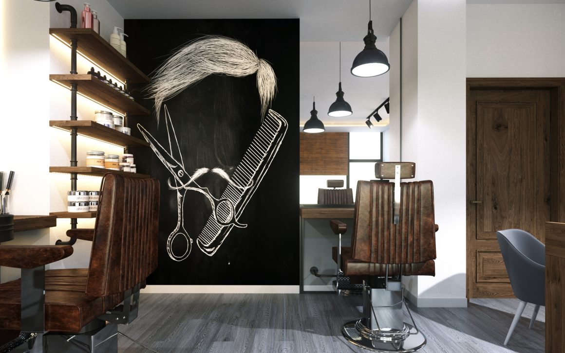 Salon de coiffure vintage inclut des sièges en cuir avec mur ardoise illustré ciseaux et peigne.