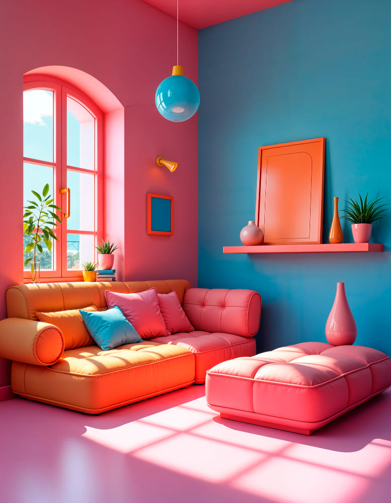 un salon très coloré rose, orange et turquoise, avec un canapé très confortable