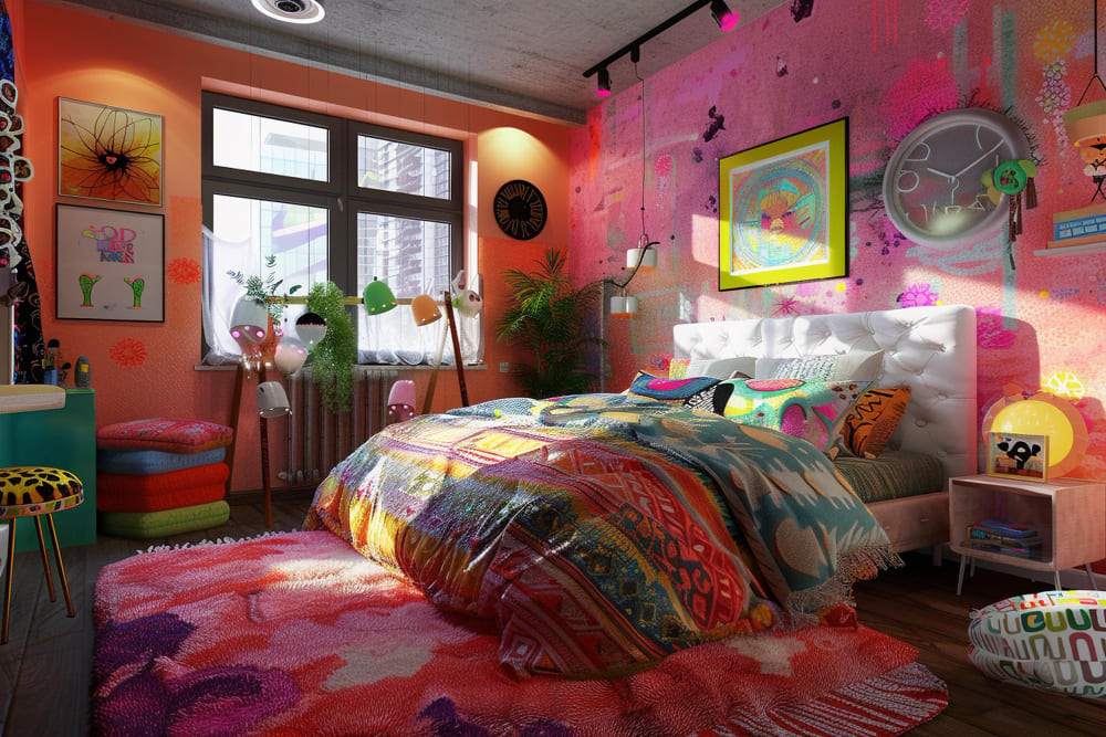 la tendance déco chambre adulte se pare ici de beaucoup de couleurs vives avec un grand lit au centre