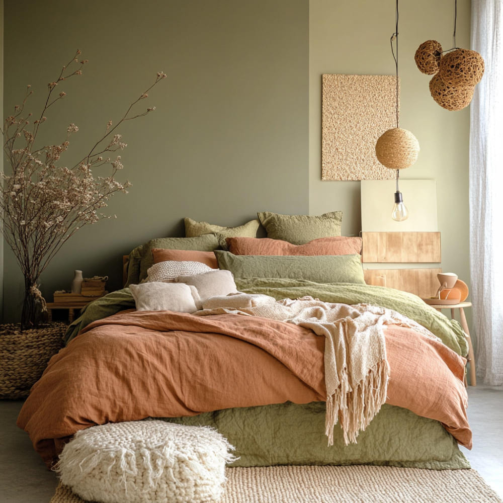 la tendance déco chambre adulte aime ici les tons naturels, du vieux rose et du vert sauge sur l'édredon et le coussin, avec des touches de même couleur sur le mur, et un bouquet de fleurs