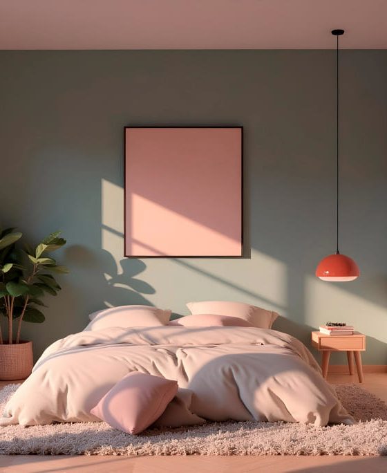 La tendance déco chambre adulte a voulu aménager cette grande pièce lumineuse avec du vert amande et un lit deux places