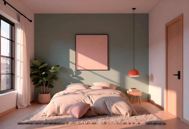 La tendance déco chambre adulte a voulu aménager cette grande pièce lumineuse avec du vert amande et un lit deux places