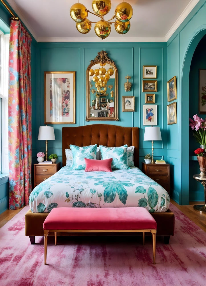 du turquoise sur le mur avec des moulures déco en laiton, un sol mauve et un grand lit deux places au milieu