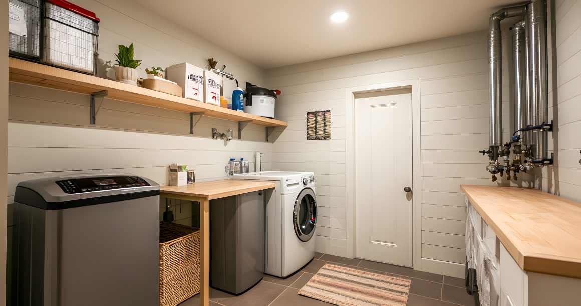 Buanderie aménagée dans un garage avec lave-linge, sèche-linge, plans de travail en bois, étagères et paniers de rangement