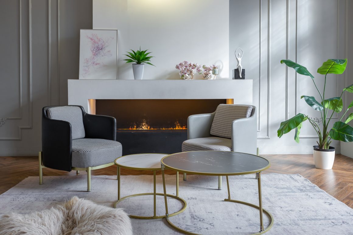 Salon avec fauteuils gris, cheminée écologique, tables basses dorées, plantes vertes et tapis doux
