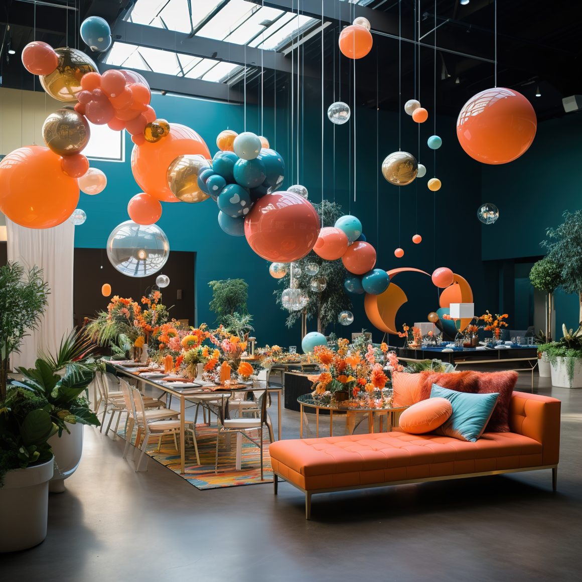 Déoration d'un événement avec ballons colorés suspendus, table décorée d'orange et turquoise, canapé orange et plantes.