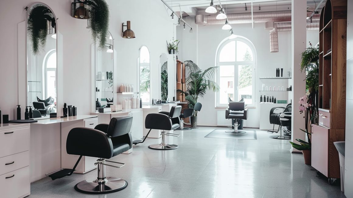 Décoration salon de coiffure homme au style minimaliste incluant miroirs, plantes et étagères produits