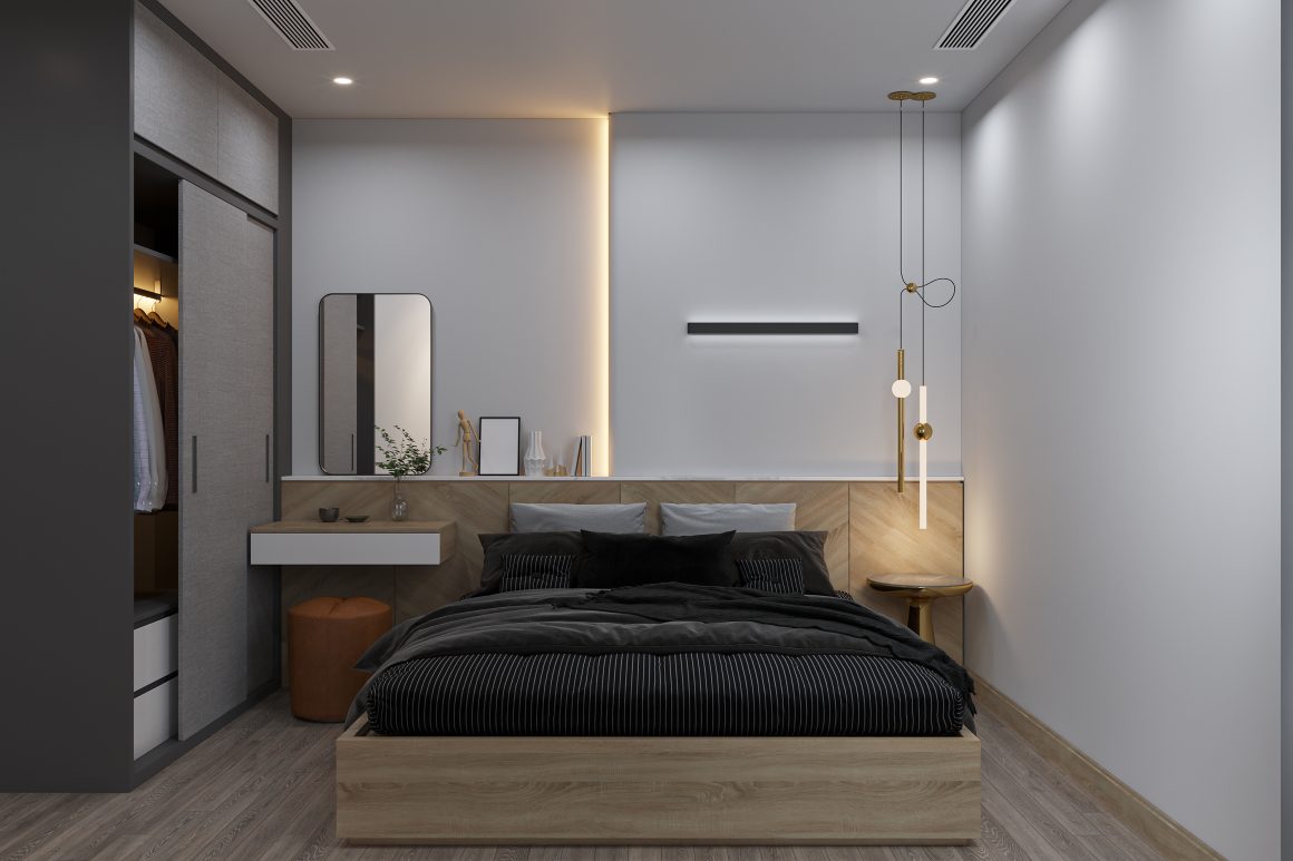 Chambre contemporaine avec lit en bois, rangement intégré, garde de robe et éclairage suspendu.