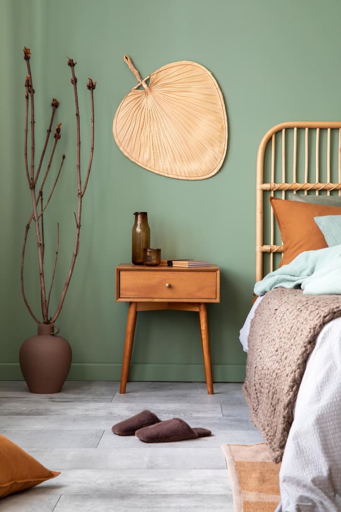 du vert sauge dans une chambre à la déco naturelle, avec une tête de lit en bambou et une table de nuit en bois clair
