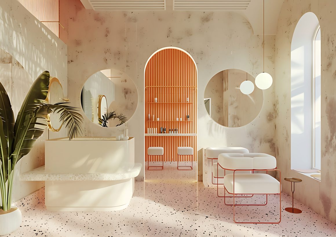 Aménagement accueil institut de beauté : miroirs ronds et meubles minimalistes avec formes arrondies