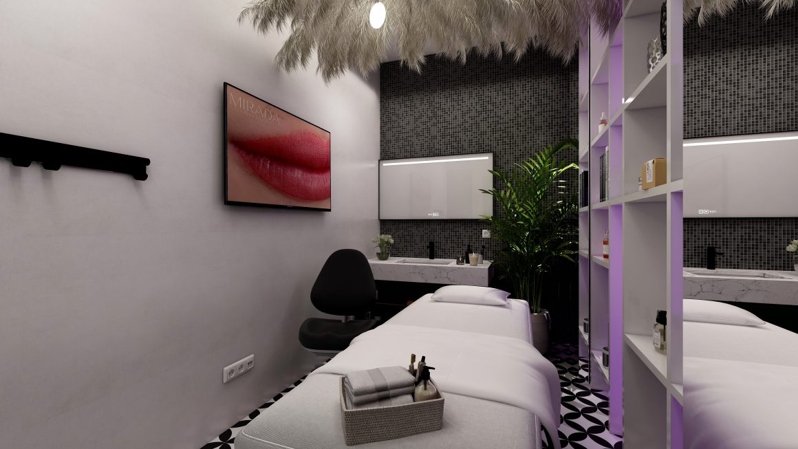 Cabine de soins élégante : table de massage, lumière douce, plante et étagères