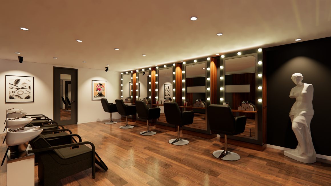 Salon de coiffure aménagé avec sol en bois, miroirs, fauteuils, éclairage doux et statue décorative