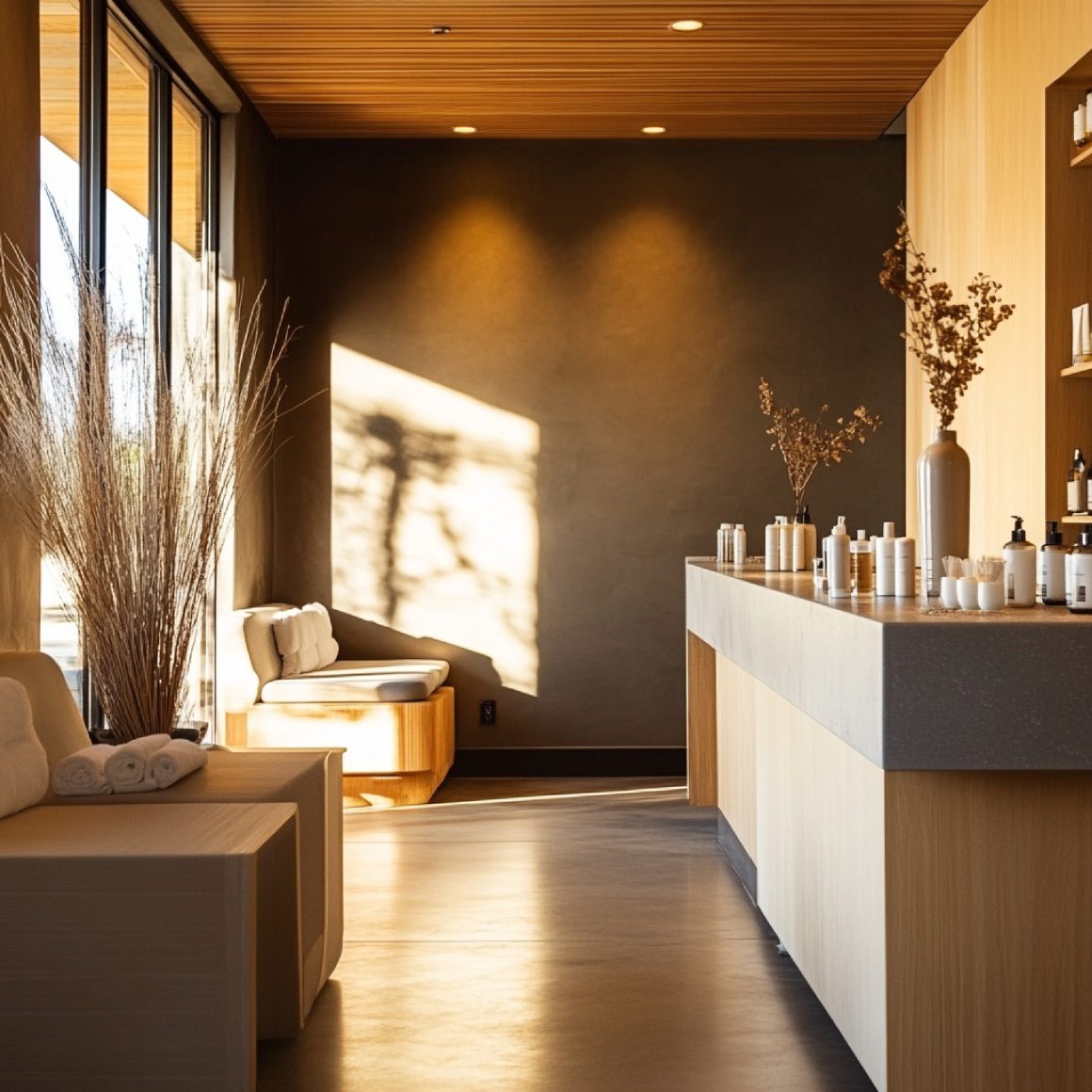 Institut de beauté avec mobilier en bois clair, éclairage doux, fauteuils et accessoires neutres
