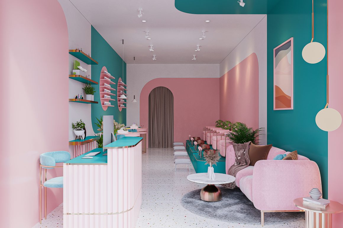 Salon de beauté pastel: rose et vert sarcelle, avec sièges confortables, comptoir élégant et plantes