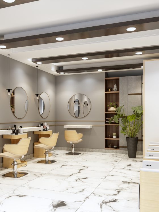 Agencement salon de coiffure avec fauteuils en bois, miroirs ronds, lavabos alignés et déco épurée