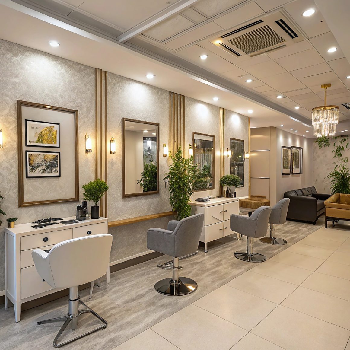 Aménagement salon de coiffure avec fauteuils modernes, miroirs encadrés, plantes et éclairage chaleureux