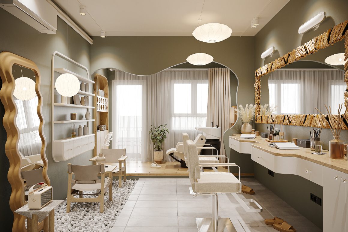Salon de coiffure chaleureux aux tons neutres avec miroirs sculptés et sièges confortables