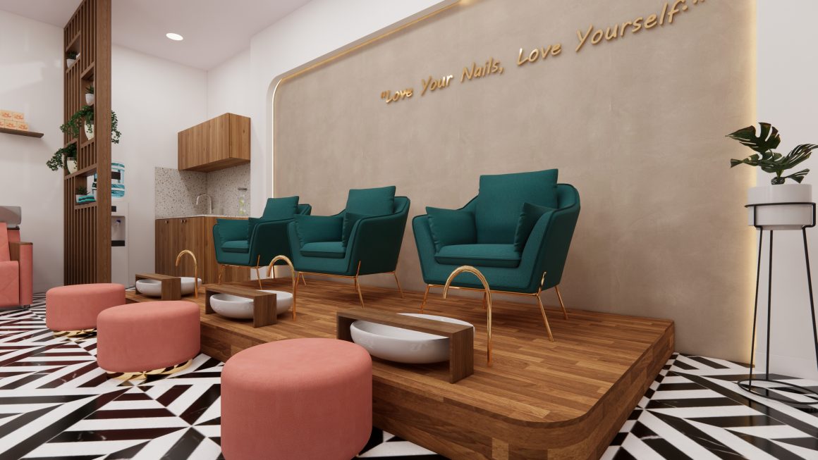 Aménager un institut de beauté avec fauteuils verts, poufs roses, sol graphique noir et blanc et plantes