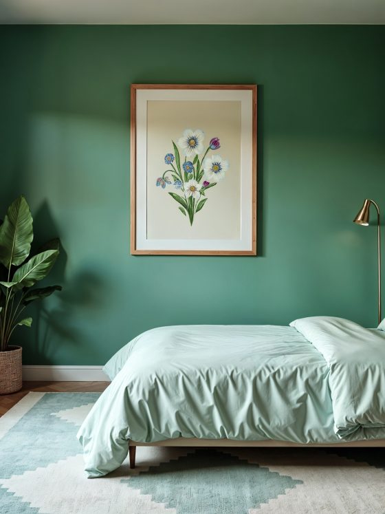 Chambre verte avec lit simple, linge menthe, plante, tableau floral, lampe, rideaux crème et tapis