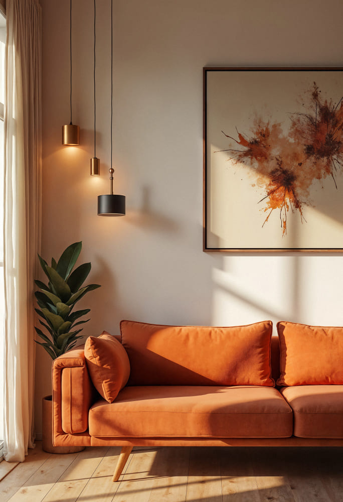 un canapé de style scandinave terracotta et du parquet au sol