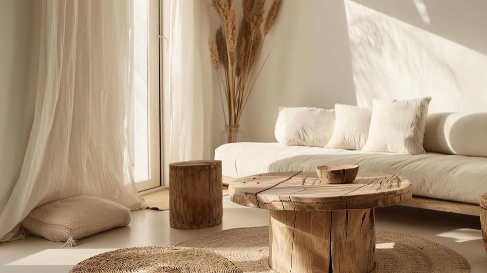 un canapé beige avec une table basse en bois naturel