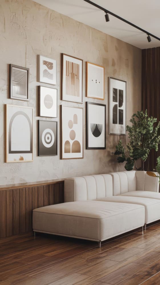 un canapé beige de style scandinave sous un gallery wall de tableaux de plusieurs tailles