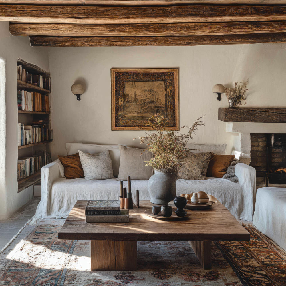 un canapé en lin avec une table basse en bois et une bibliothèque sur le mur