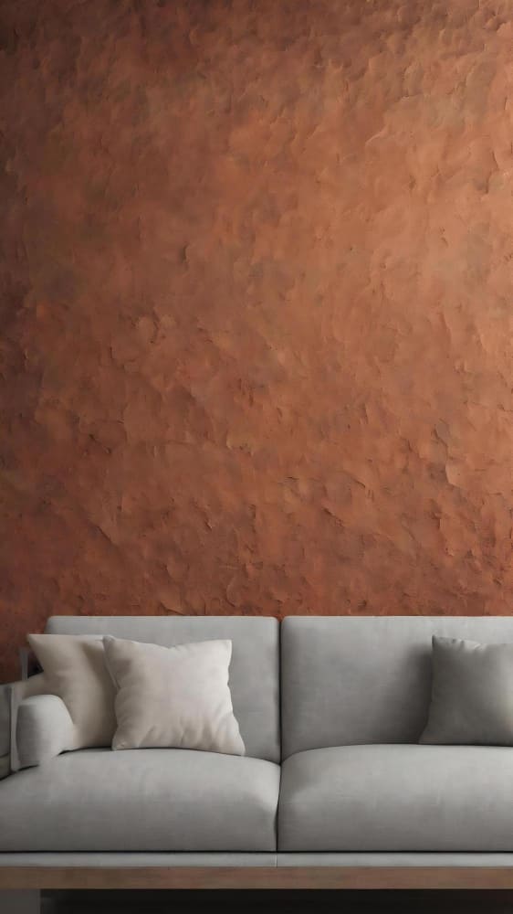 un canapé scandinave gris devant un mur terracotta texturé