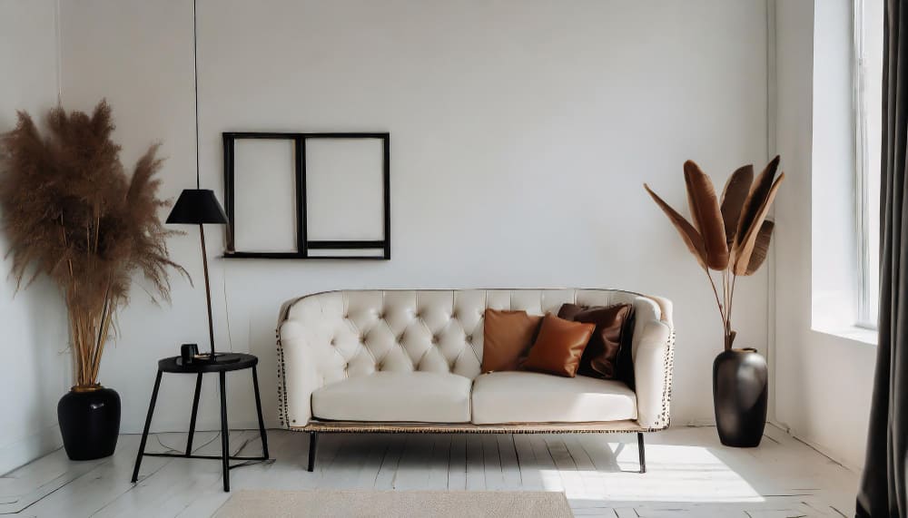 un canapé de style scandinave beige avec des coussins terracotta et prune à côté, et des plantes séchées dans de grands pots