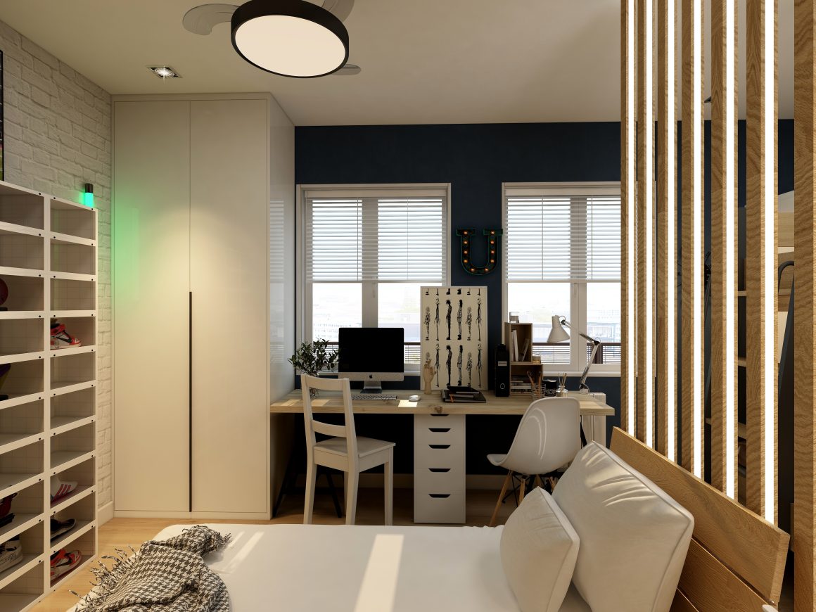 Chambre moderne avec bureau, chaises, séparateur en bois lit et étagères ouvertes.