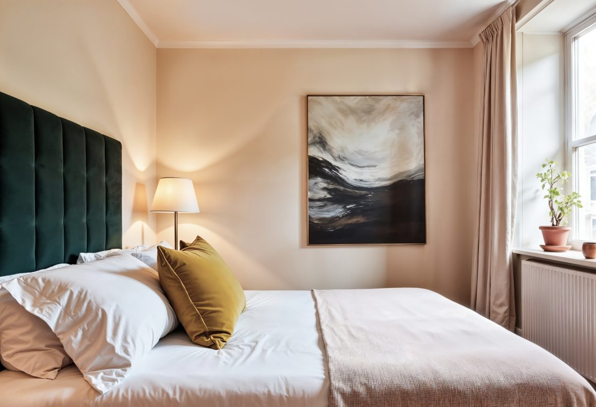 Chambre beige avec lit à tête de lit vert émeraude, tableau, lampadaire et plante