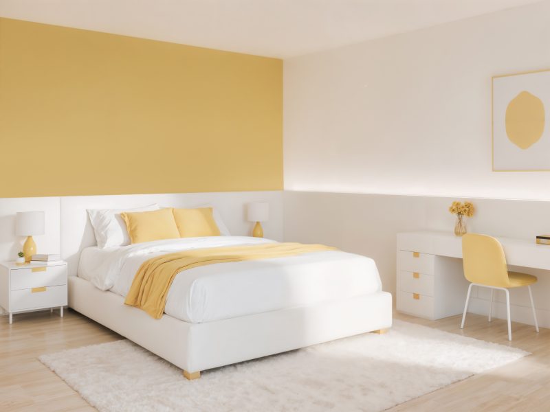 Chambre lumineuse avec mur jaune pastel, lit blanc avec coussins jaunes, bureau, chaise et tapis fluffy