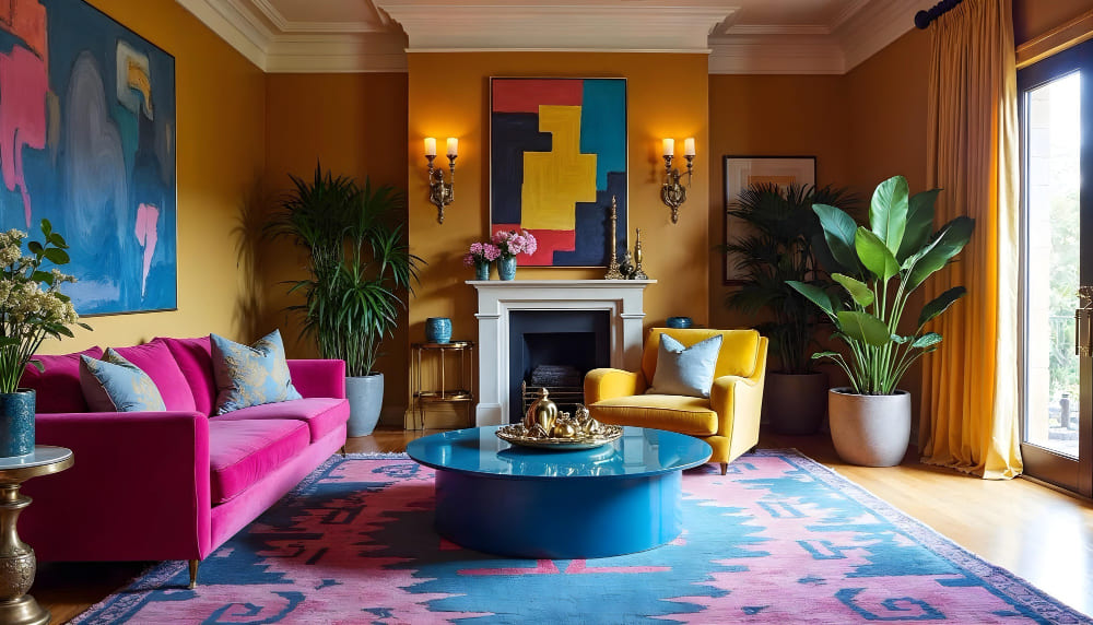 des couleurs vives, du rose et du turquoise, pour le canapé et la table basse, à côté d'une cheminée ancienne