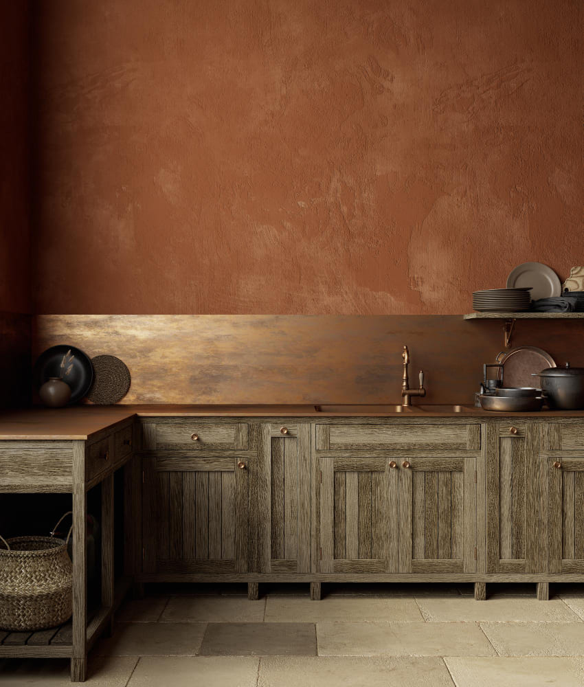 une cuisine rustique en bois, avec des murs terracotta