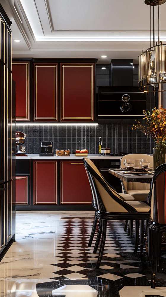 un damier noir et blanc dans une grande cuisine bordeaux