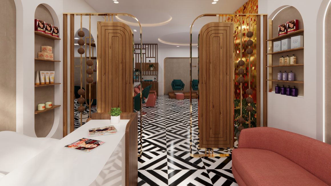 Déco institut de beauté chic avec motifs géométriques au sol, éclairage chaleureux et cloisons en bois