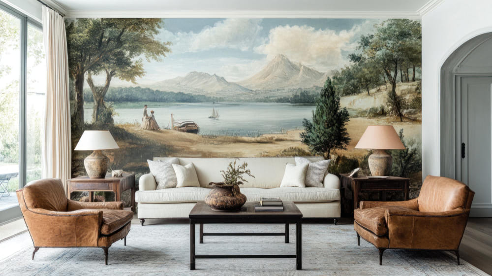 la décoration murale salon tendance aime les papiers peints panoramiques représentant un paysage
