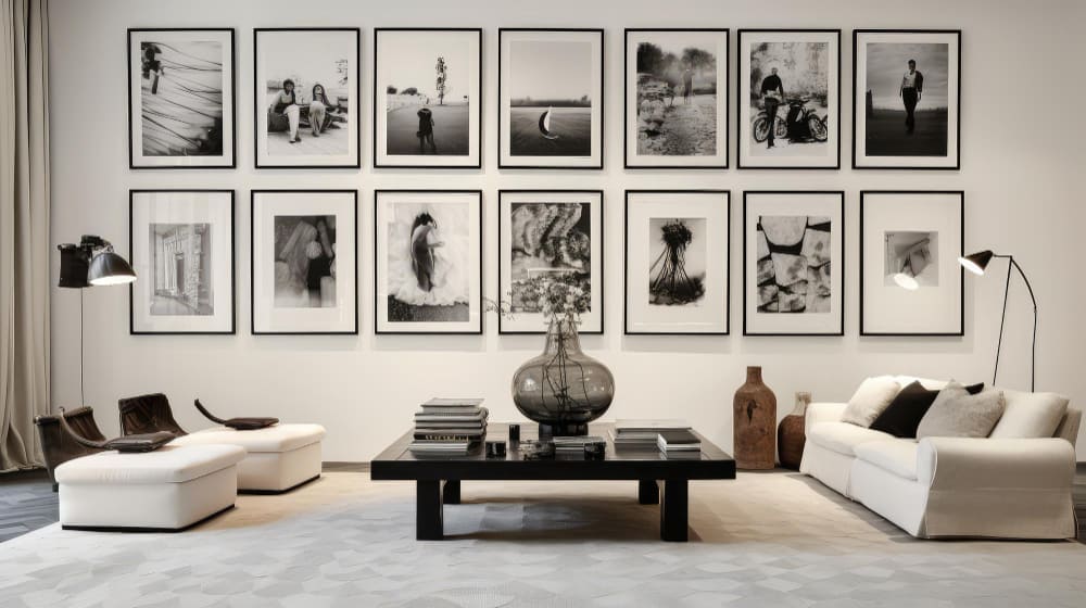 décoration murale salon tendance dans une grande pièce ornée de tableaux noirs et blancs accrochés au mur de manière symétrique