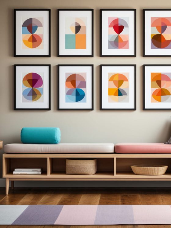 décoration murale salon tendance avec un gallery wall orné de couleurs lumineuses, au-dessus d'un banc style scandinave