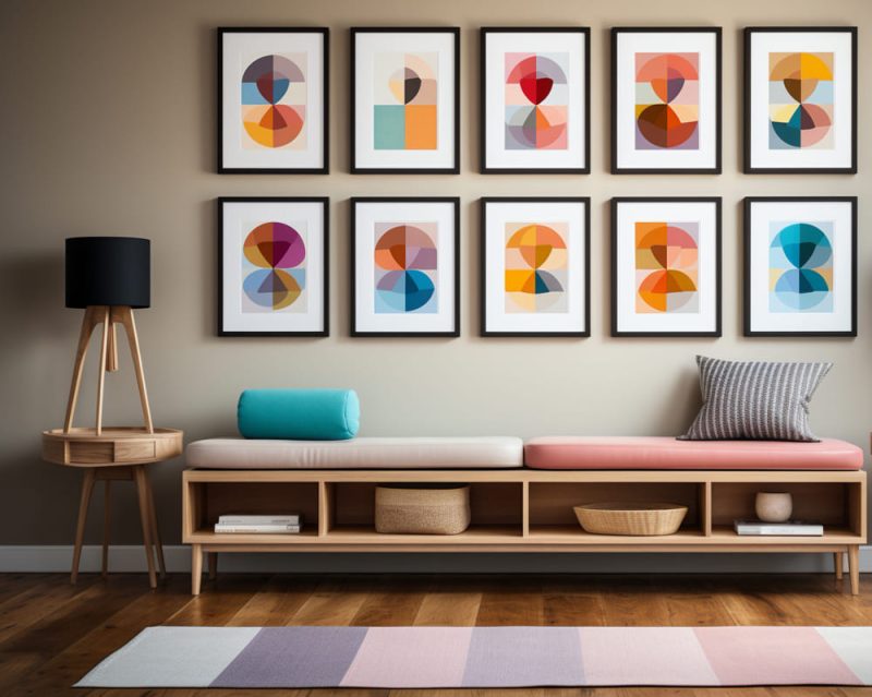 décoration murale salon tendance avec un gallery wall orné de couleurs lumineuses, au-dessus d'un banc style scandinave