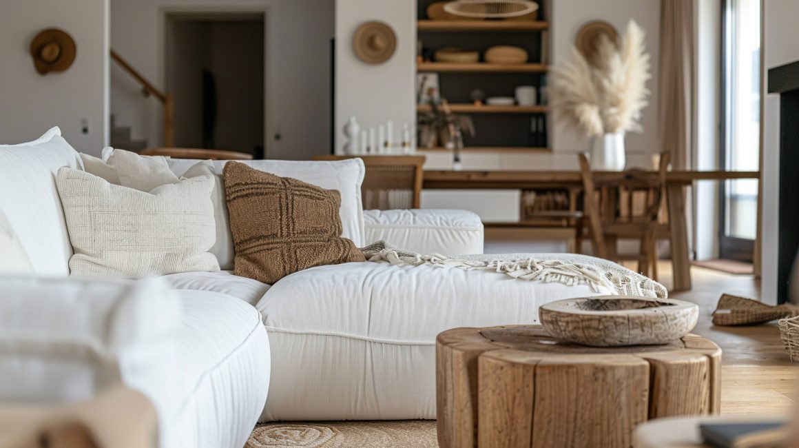 Salon scandinave avec canapé blanc moelleux, coussins texturés et table en bois brut