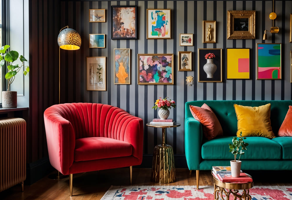 un fauteuil et un canapé vintage dans le salon, avec des couleurs rose et turquoise, devant un mur à rayures avec des cadres