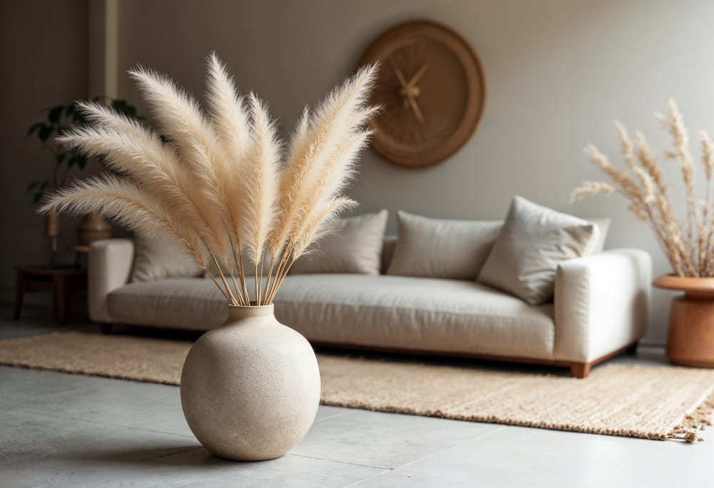 un grand canapé en lin beige épuré sur le tapis chaud, avec un vase en terre cuite et des pampas